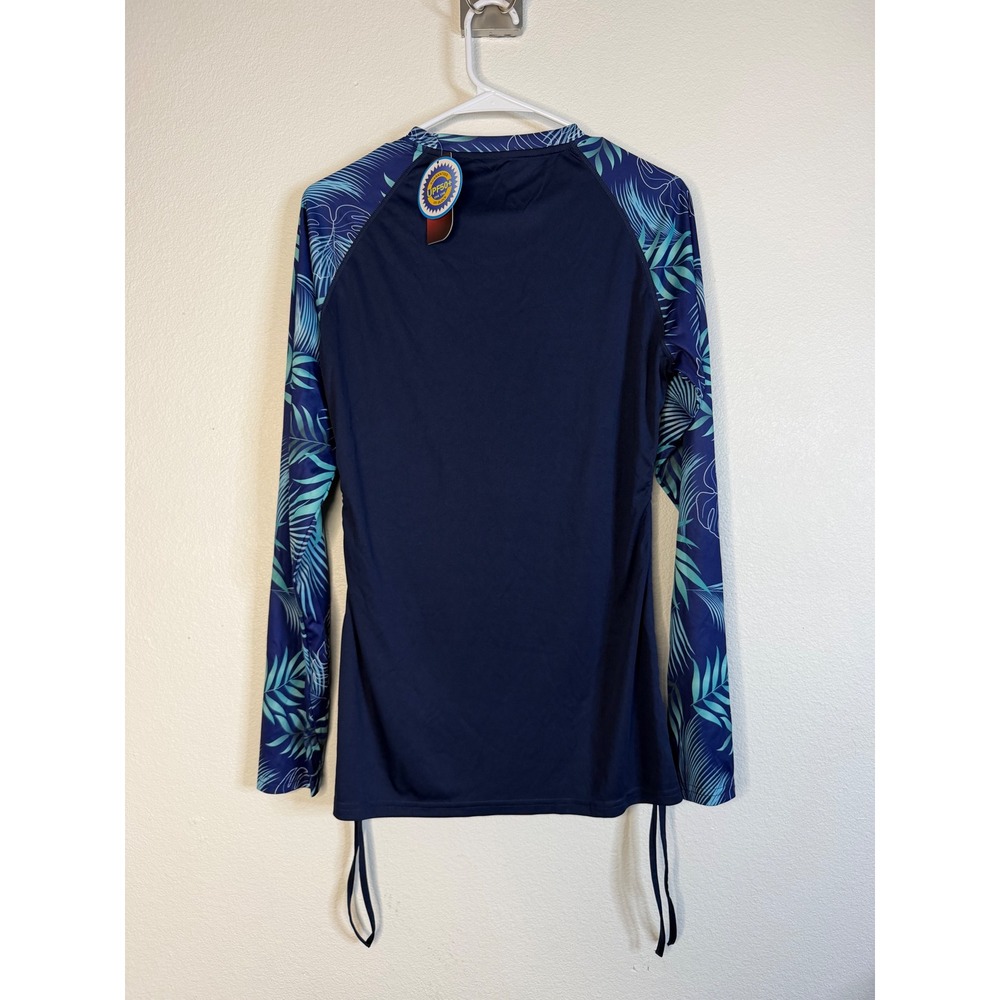 Santiny Womens Navy Tropical Long Sleeve Rash Guard UPF 50+ Swim Shirt Large - Picture 3 of 9